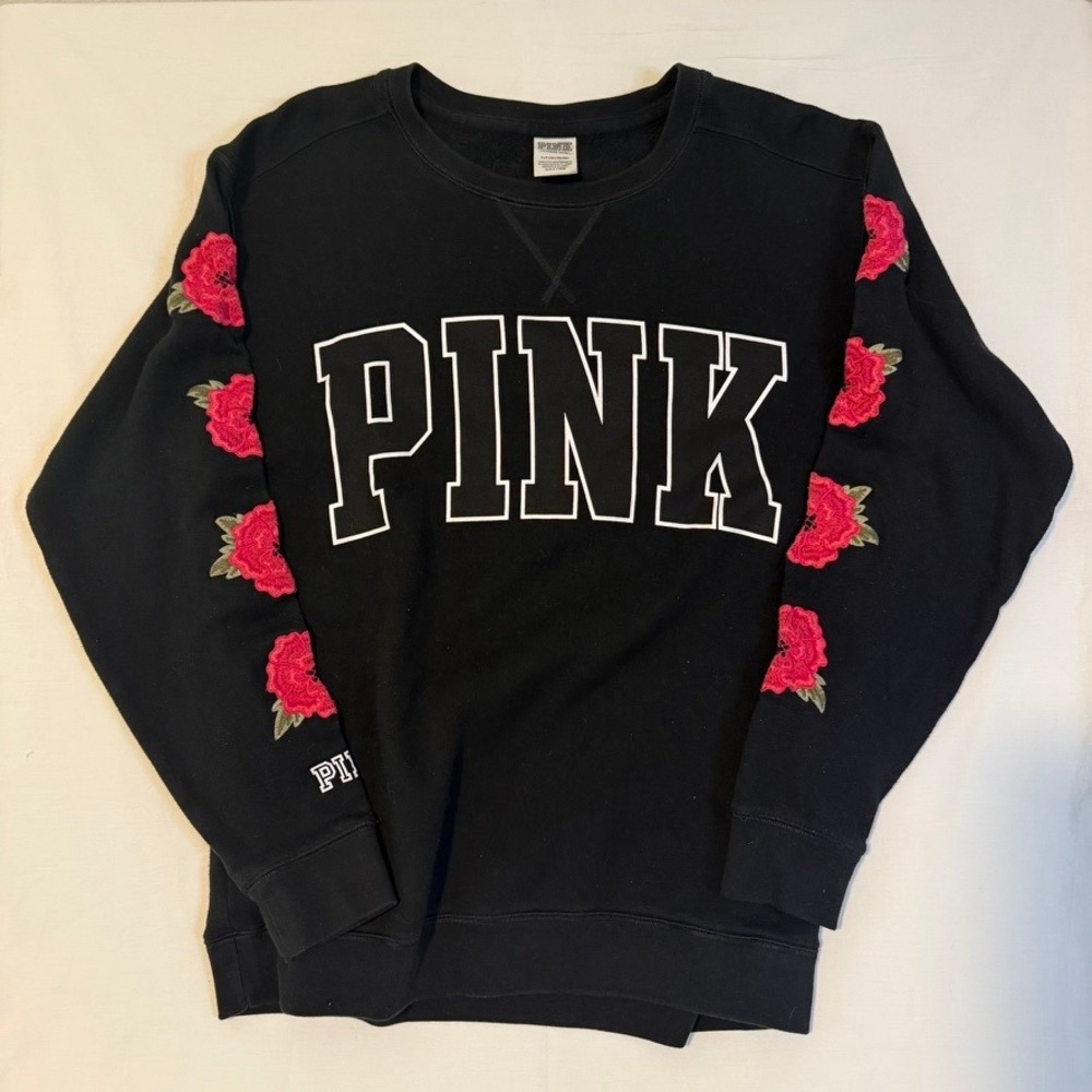 PINK Sweatshirt SM Victoria Secret Black Whimsigoth Y2K Rose Sleeve Embroidered